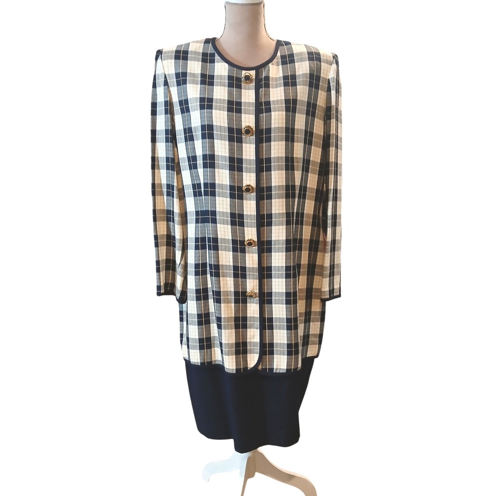 Vtg 90s Talbots Depeche Plaid Longline Jacket Dress Navy Gold Button Midi sz 18